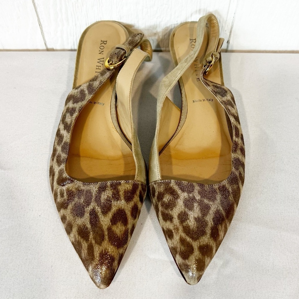 Ron White Designer Leopard Print Pointed Toe Suede Flats Size 38.5
